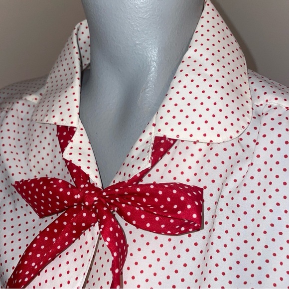 Koret vintage blouse long sleeve button down sash white red polka dot medium - Picture 4 of 9